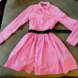 Polo by Ralph Lauren Girls Button Down Dress. Size 8. Pink and White. Navy Belt.